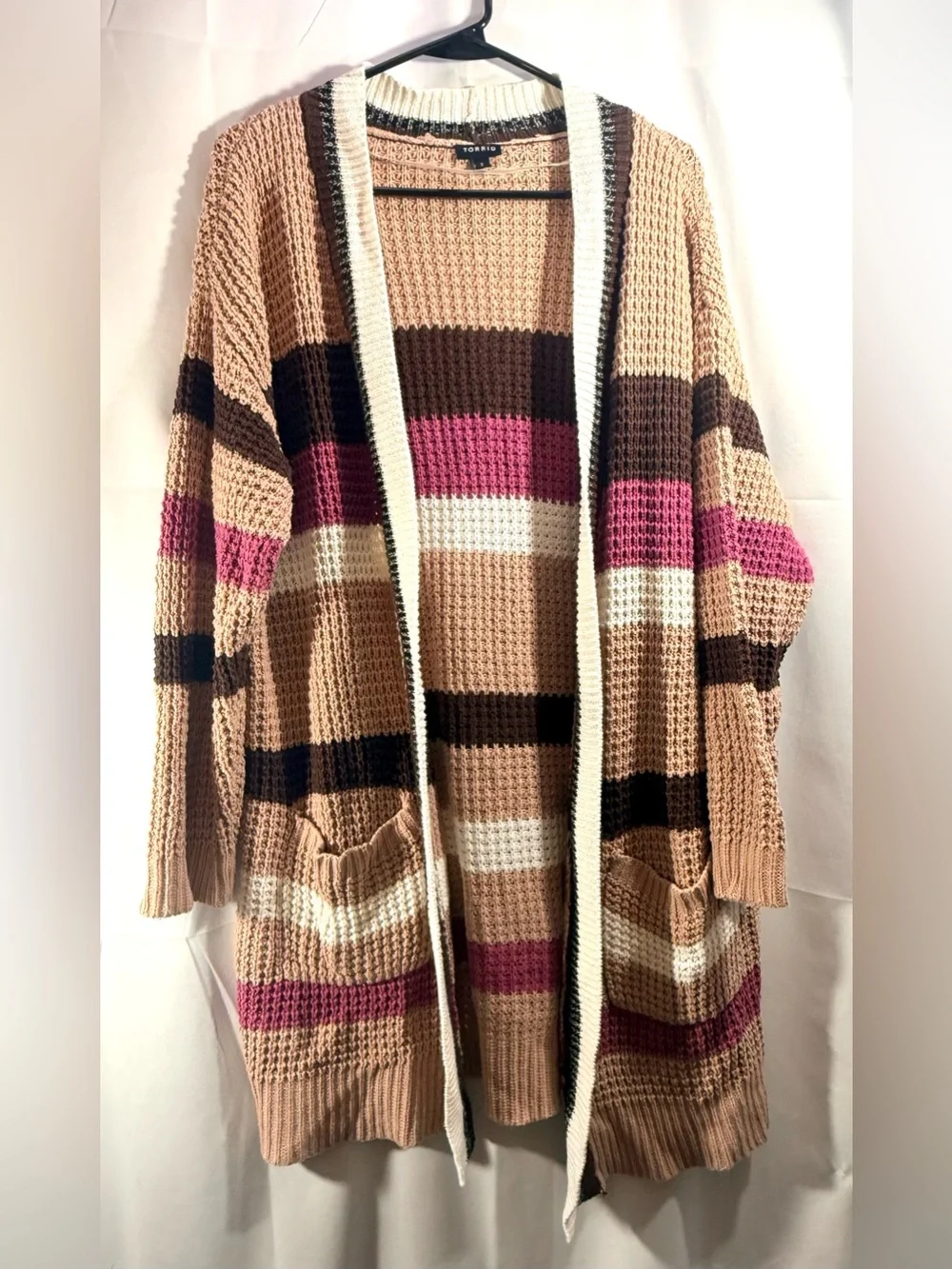 Torrid Pink, Brown & Cream Striped Open-Front Cardigan Size 2 (2X)